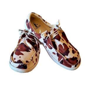 Corkys Cow Animal Print Brown and White Flat Casual Shoes Kayak Size 8